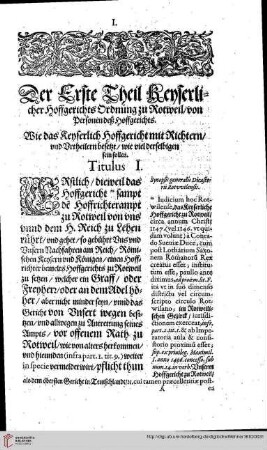Der Erste Theil Keyserlicher Hoffgerichts Ordtnung zu Rotweil / Titulus I