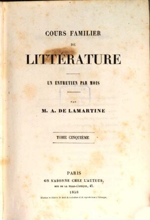 Cours familier de littérature : un entretien par mois, Tome cinquième
