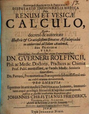 Diss. inaug. ... de renum et vesicae calculo