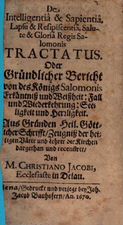 De Intelligentia ... Regis Salomonis Tractatus