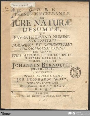 Theses Miscellaneæ Ex Jure Naturæ Desumtæ