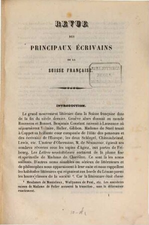 Revue des principaux écrivains littéraires de la Suisse française