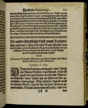 Die ander Christliche Leich unnd Trostpredigt/ auß dem 50. Cap. deß ersten Buchs [...] von dem ehrlichen und weitberühmpten Begräbnuß/ deß hohen und vortrefflichen Manns Gottes / und Ertzvatters Jacob [...]
