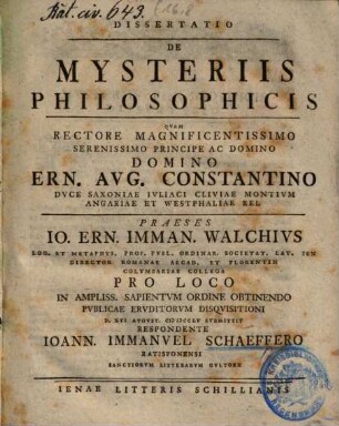 Dissertatio De Mysteriis Philosophicis