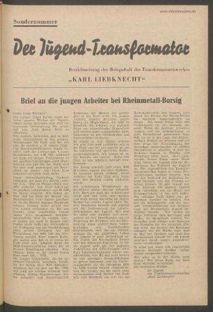 TRO-Betriebszeitung 'Der Transformator'; Sondernummer "Jugend"/ (Mai 1954)