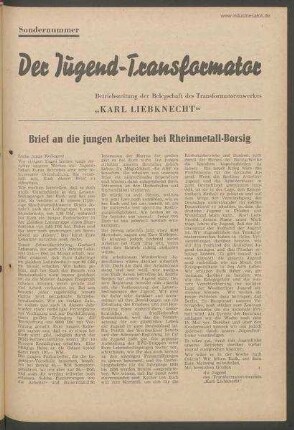 TRO-Betriebszeitung 'Der Transformator'; Sondernummer "Jugend"/ (Mai 1954)
