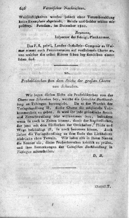 Probeblättchen von dem Stiche der großen Charte von Schwaben