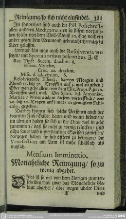 Mensium Imminutio. Monahtliche Reinigung, so zu wenig abgehet