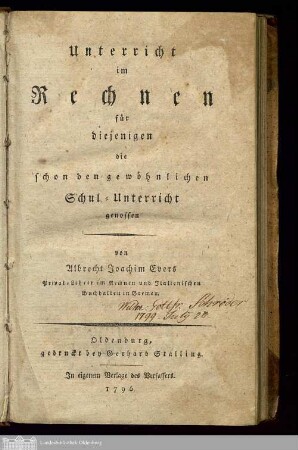 Unterricht im Rechnen für diejenigen, die schon den gewöhnlichen Schul-Unterricht genossen