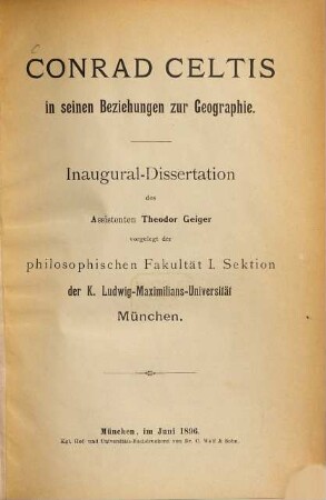 Conrad Celtis in seinen Beziehungen zur Geographie