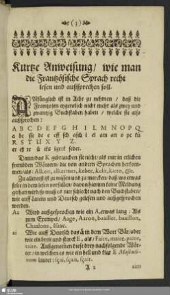 Kurtze Anweisung, wie man die Frantzösische Sprach recht lesen und außsprechen soll