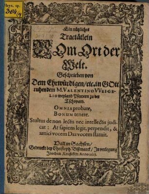 Ein nützliches Tractätlein vom Ort der Welt