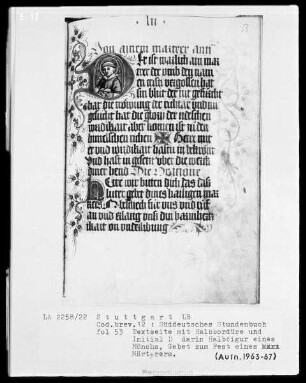 Deutsches Gebetbuch (Waldburg-Gebetbuch) — Initiale D (er ist warlich), darin heiliger Mönch, Folio 53recto