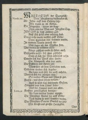 Mattheus der Evangelist/ Vom Jüngsten tag beschrieben ist ...