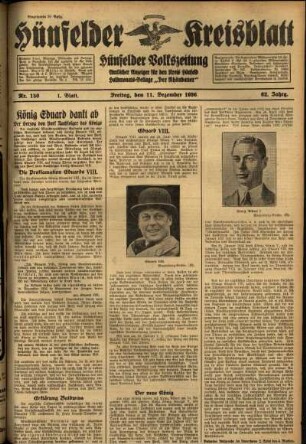 Erste Ausgabe vom Freitag, den 11. Dezember 1936.