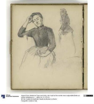 Weibliche Figur nach links, den Kopf auf die rechte Hand aufgestützt (Blatt aus einem Skizzenbuch, linke Seite)