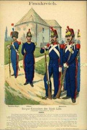 Uniformdarstellung, Tambour-Major, Offizier und Kanoniere des Bürger-Korps Lille, Zweites Kaiserreich Frankreich, 1860.