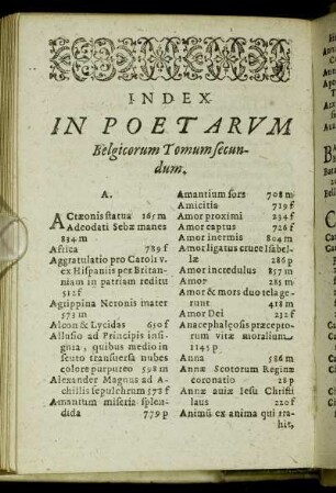 Index In Poetarum Belgicorum Tomum secundum.