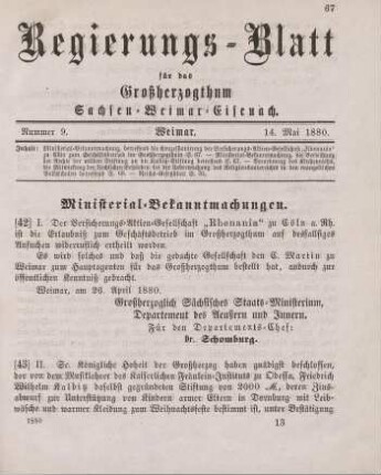 42. Ministerial-Bekanntmachung, die Konzessionierung der Versicherungs-Aktien-Gesellschaft "Rhenania"zu Cöln zum Geschäftsbetrieb im Großherzogthum betreffend