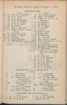 Eisenbahndamm. Exercierplatz. [Fährstraße. Faulstraße. Feuergang. Fischerstraße. Flämischestraße. Fleckenstraße. Fleethörn. Friedrichsstraße.]