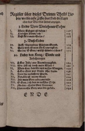 Register über dieses Dritten Theils Lieder/ wo die erste Ziffer das Lied / die Letzte aber das Blat des Liedes anzeiget