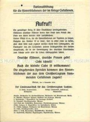 Spendenaufruf der Nationalstiftung für die Hinterbliebenen der im Kriege Gefallenen