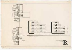Wohn-Werksiedlung Märkisches Viertel, Berlin-Reinickendorf Gerätehof der Stadtreinigung: Grundrisse, Ansicht von Westen, Wohngebäude mit Läden, Blattnummer B2, 1:200