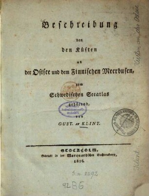 Beschreibung von den Küsten an der Ostsee und dem Finnischen Meerbusen, zum Schwedischen Seeatlas gehörend