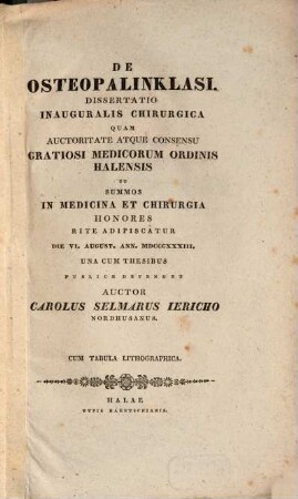 De osteopalinklasi : Diss. inaug. chirurg. ; [cum tab. lith.]