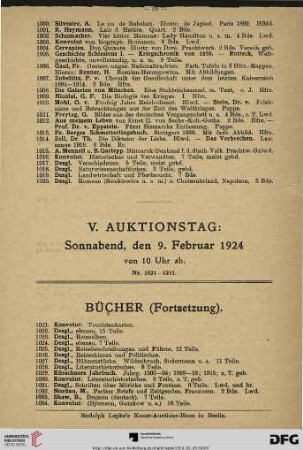 V. Auktionstag: Sonnabend, den 9. Februar 1924 von 10 Uhr ab. Bücher (Forstsetzung) (Nr. 1021-1211)