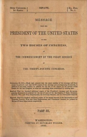 Message from the President of the United States to the two Houses of Congress, 34,3. 1855, Sess. 1