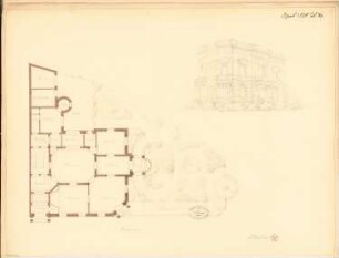 Villa, Gera Monatskonkurrenz April 1878: Grundriss Erdgeschoss, perspektivische Ansicht