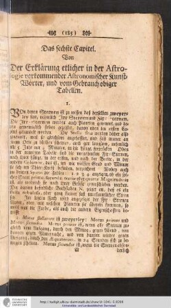 Von der Erklärung etlicher in der Astrologie vorkommender astronomischer Kunstwörter, und vom Gebrauch obiger Tabellen