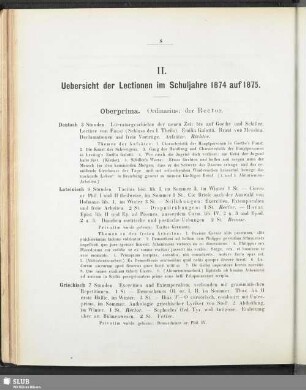 II. Uebersicht der Lectionen im Schuljahre 1874 auf 1875