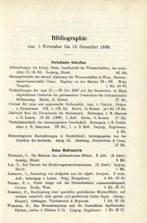 Bibliographie vom 1. November bis 15. December 1888.