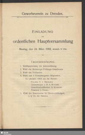 Einladung zur ordentlichen Hauptversammlung Montag, den 24. Mrz 1902, abends 8 Uhr