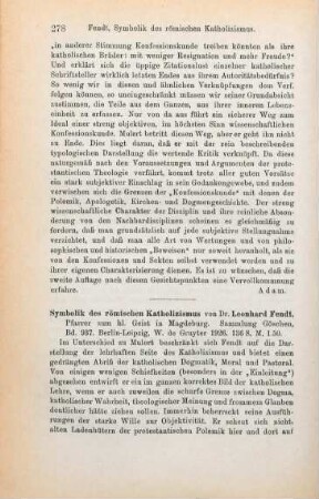 278-279 [Rezension] Fendt, Leonhard, Symbolik des römischen Katholizismus