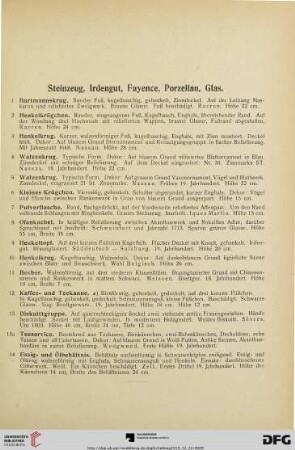 Steinzeug, Irdengut, Fayence, Porzellan, Glas (Nr. 1-67)