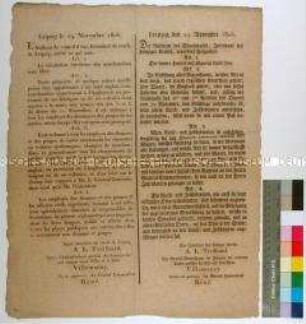 Verordnung des Intendanten des Leipziger Kreises zur Beschlagnahmung englischer Waren (in deutscher und französischer Sprache)