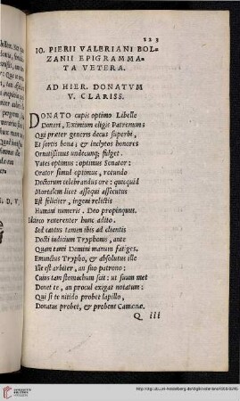 Epigrammata vetera: Ad Hier. Donatvm v. clariss.