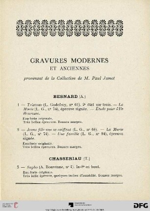 Gravures modernes et anciennes provenant de la Collection de M. Paul Jamot (Nr. 1-70)
