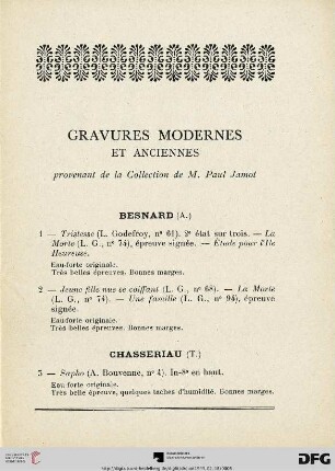 Gravures modernes et anciennes provenant de la Collection de M. Paul Jamot (Nr. 1-70)