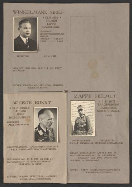 Ehrenbuch für die Gefallenen und Vermissten des Zweiten Weltkriegs; Fotos, Lebensdaten (Blatt 201-250, August bis Oktober)