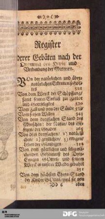 Register derer Gebäten nach der Ordnung des Heyls und Verbindung der Materien.