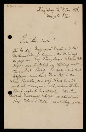 Briefe von Adolf Hurwitz an David Hilbert, Königsberg [u.a.], 1886 - 1918