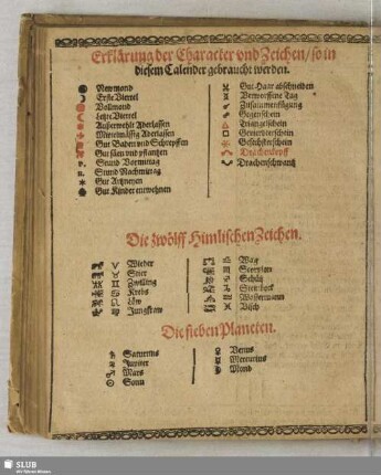 Erklärung der Character und Zeichen, so in diesem Calender gebraucht werden