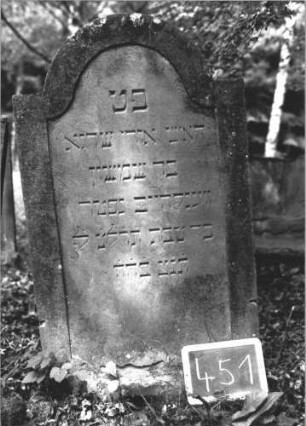 Grabstein 451 (Index: 99895628) Material: Sandstein Zustand: sehr gut Maße HxBxT: 125x69x10 cm Beschreibung: Stele mit eingezogenem Rundbogenabschluss: Grabstein 451