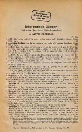 Catalogue de Livres Rétoromans en vente ... chez la librairie ancienne e moderne Werner Hausknecht à St. Gall (Suisse)