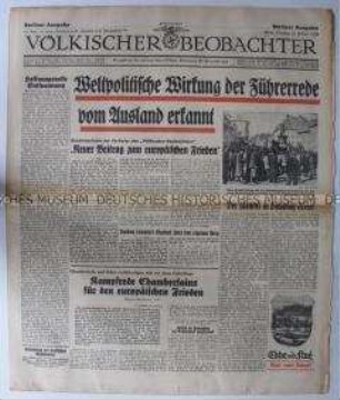 Tageszeitung "Völkischer Beobachter" u.a. zur Reaktion des Auslandes auf die Reichstagsrede von Hitler über die deutsche Außenpolitik