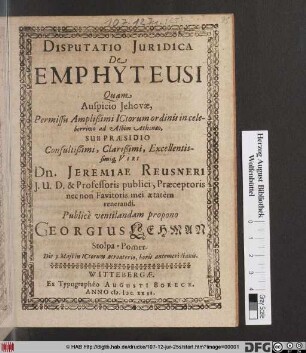 Disputatio Iuridica De Emphyteusi